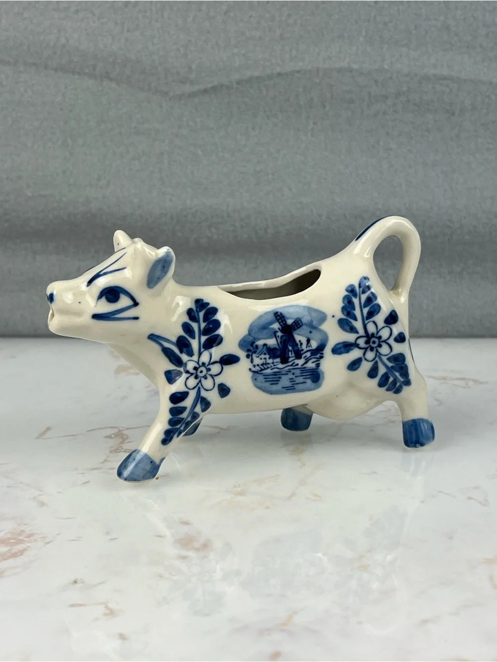 Vintage HandPainted Delft Blue White Porcelain Cow Creamer Windmill Handheld